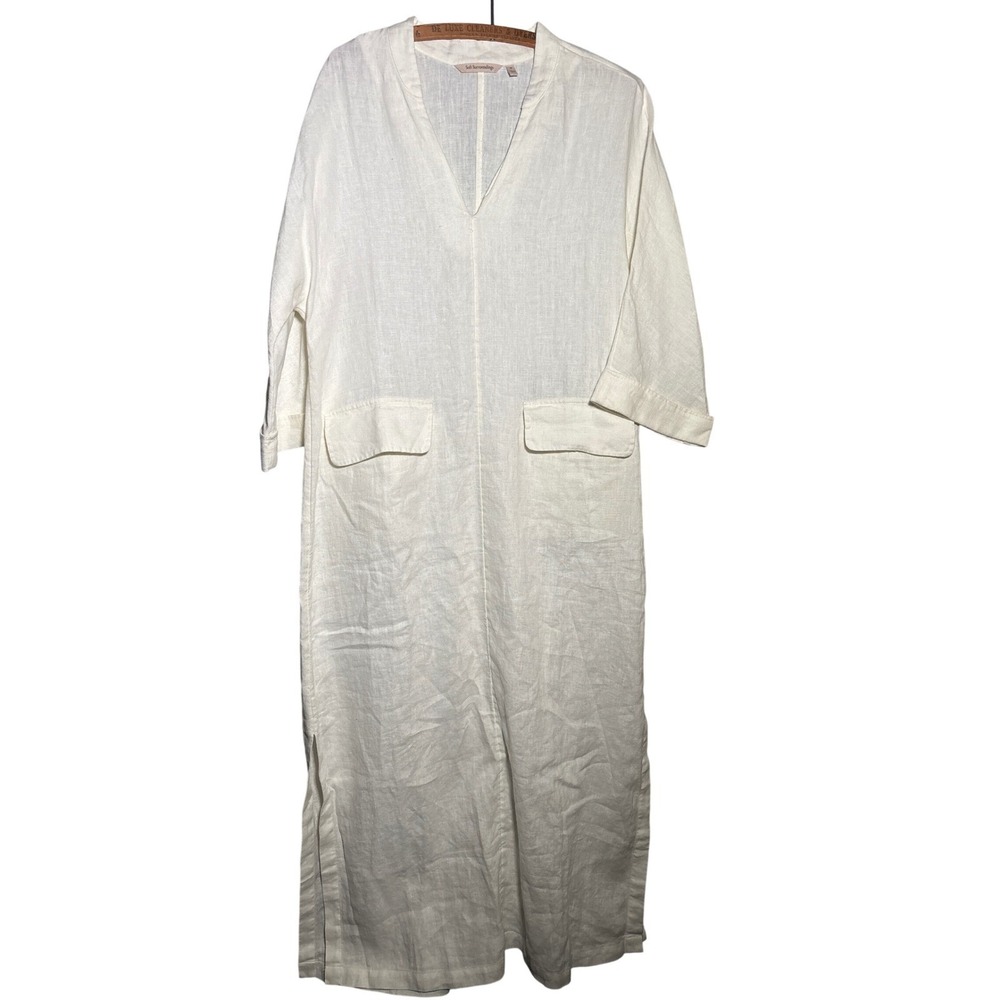 Soft Surroundings M 100% Linen V-Neck Maxi Dress Ivory Pockets Coastal Beach VK